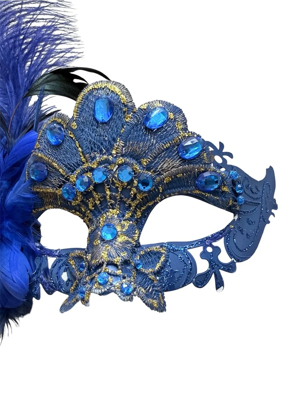 Blue Feathered Masquerade Mask with Stick (G347)